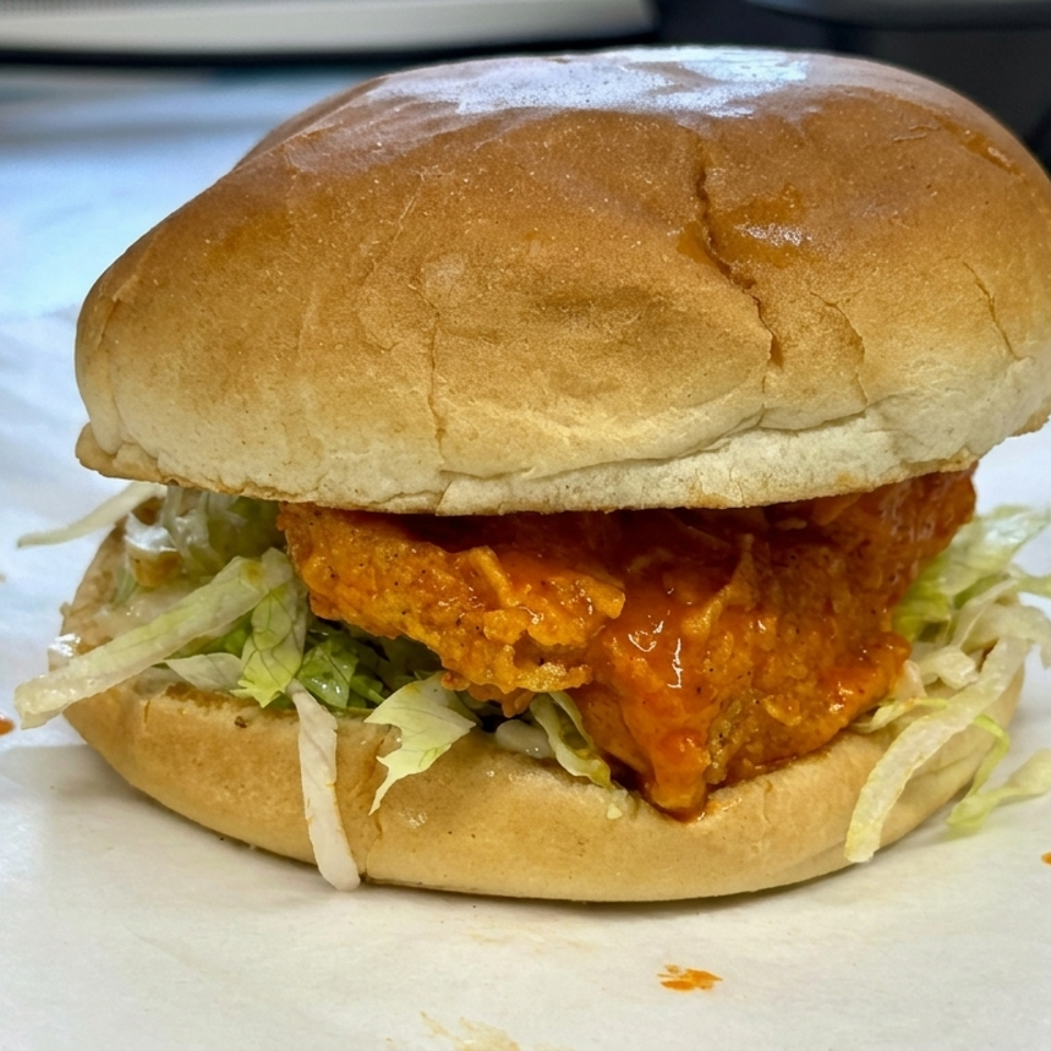 Crispy saucy chicken sandwich with shredded lettuce on a toasted bun, served on white paper.