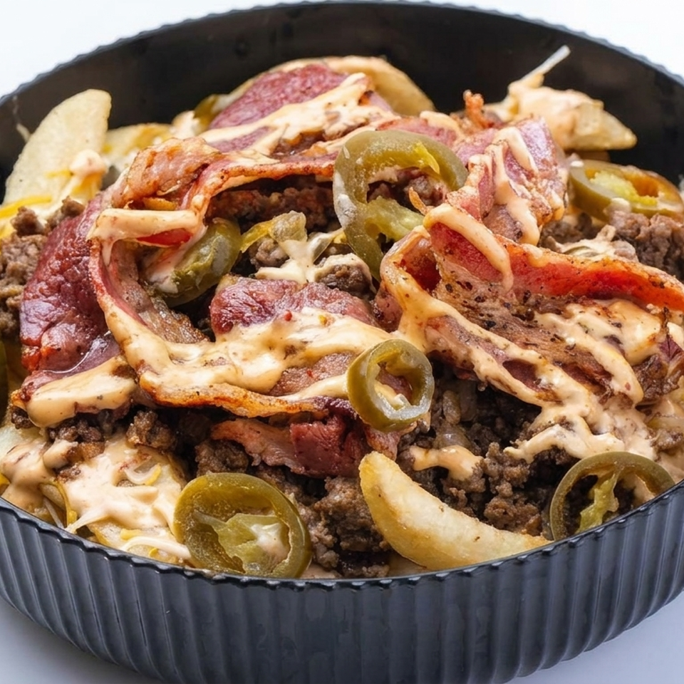 Loaded fries topped with ground beef, bacon, melted cheese sauce, and sliced jalapeños in a black serving bowl.
