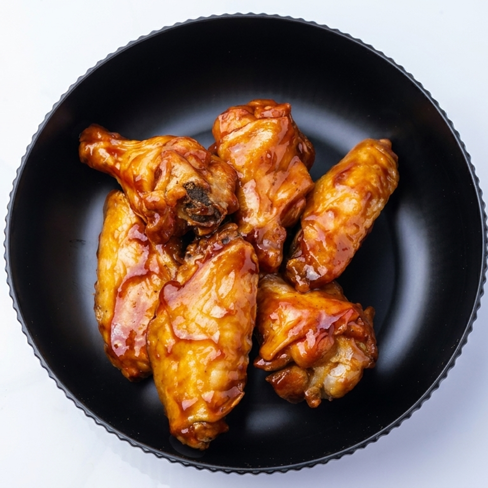 Five glazed chicken wings arranged on a black plate against a white background.