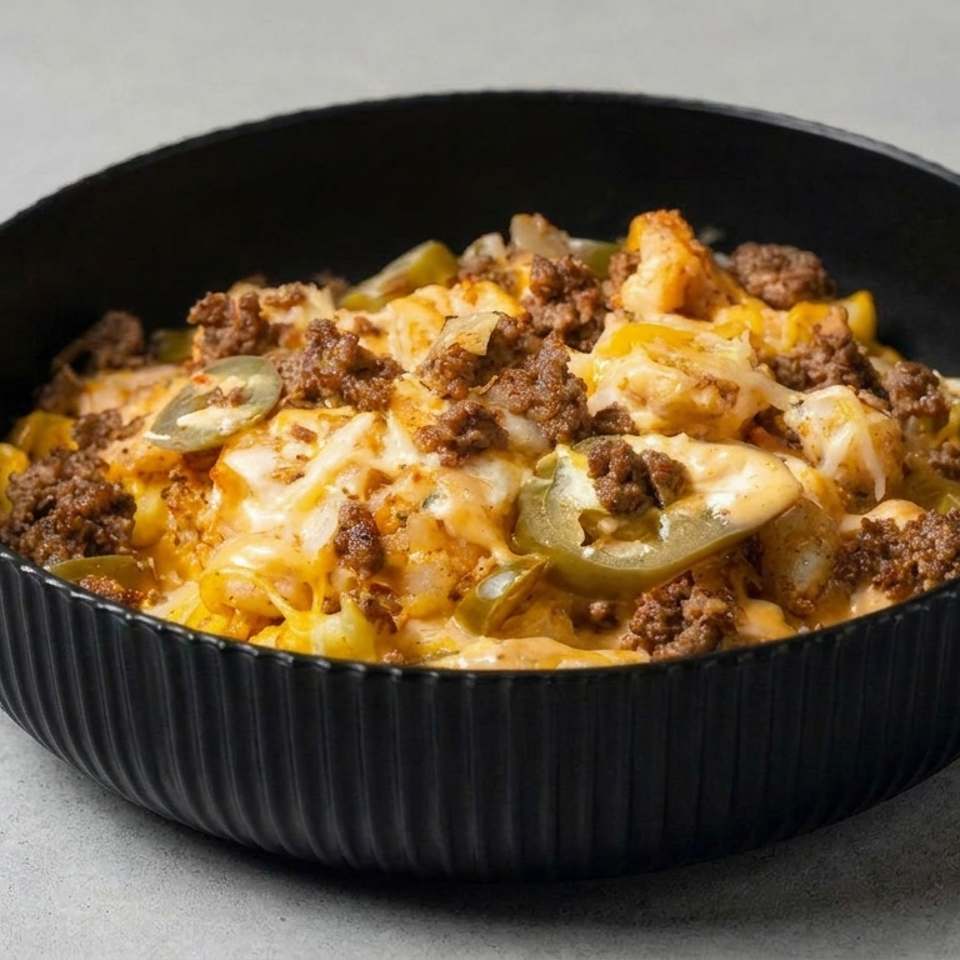 Black bowl filled with cheesy baked pasta, seasoned ground beef, and sliced green peppers.